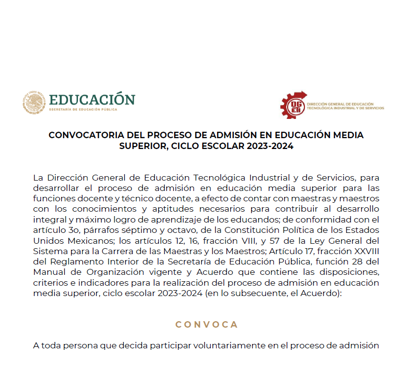 CONVOCATORIA DEL PROCESO DE ADMISIÓN EN EDUCACIÓN MEDIA SUPERIOR, CICLO ESCOLAR 2023-2024